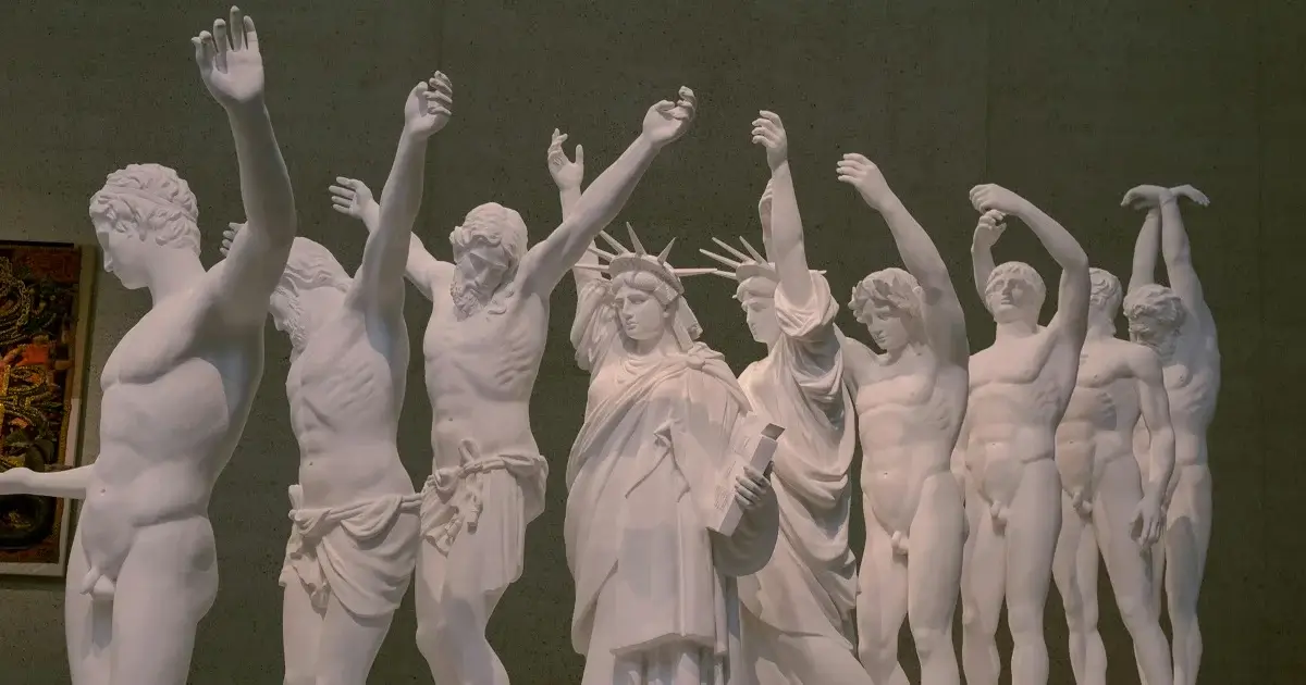 Image of old, greek statues dancing together in different, timeless poses